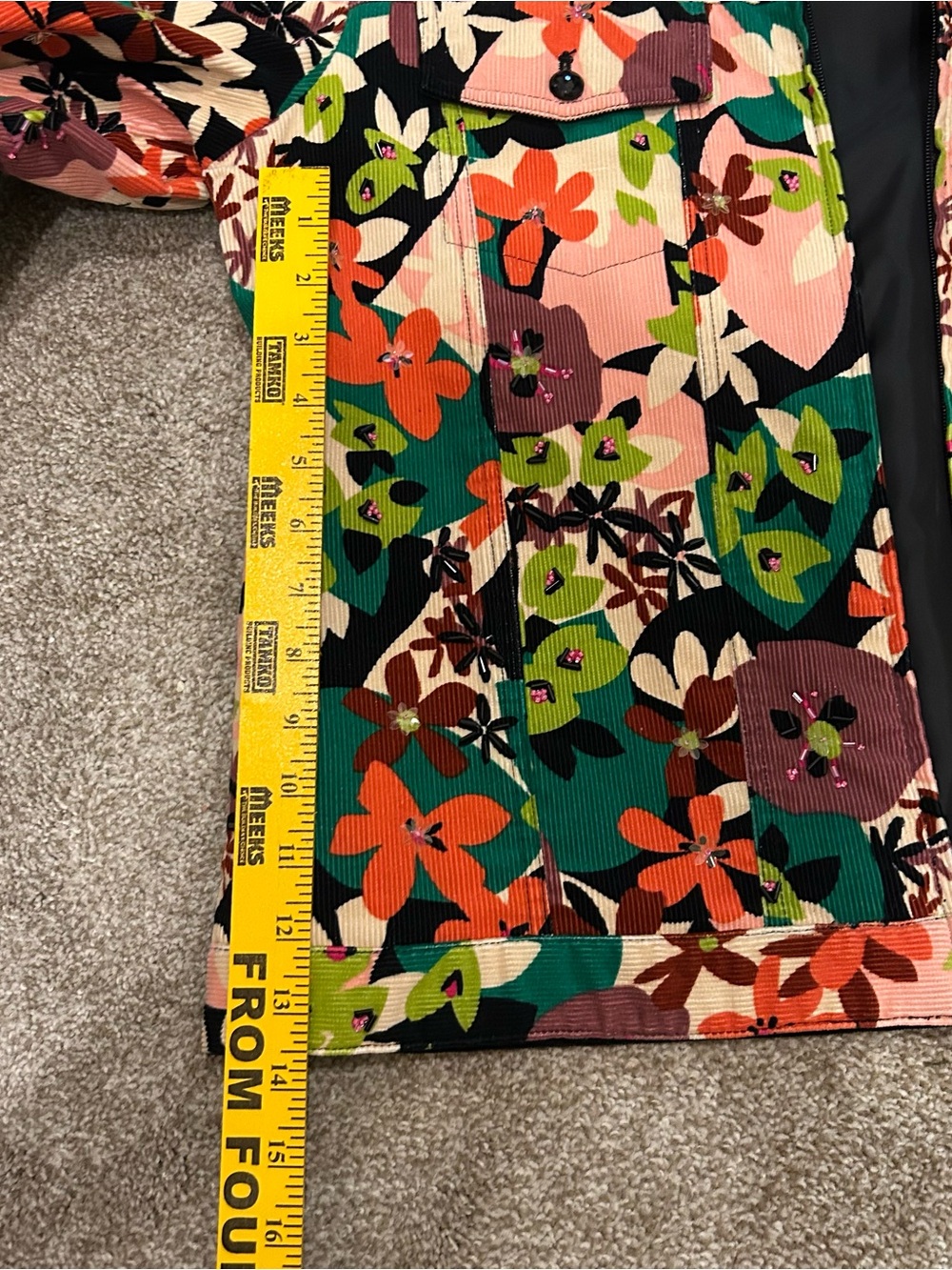 Red Jacket Multicolor Floral Corduroy Jean Jacket - Red, Green, Pink, Cream, - Picture 7 of 9